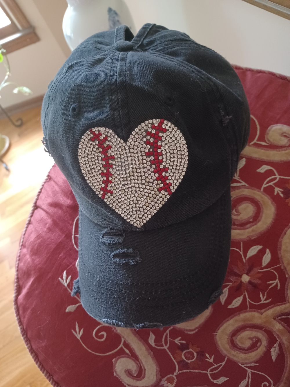 KBETHOS Ponytail Distressed Black  Baseball Heart Cap with Rhinestones